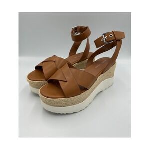 Marc Fisher Adalyn Tan Leather Espadrille Wedge Sandals Womens 6.5M Brown Buckle